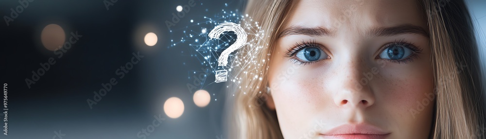 Close-up of a thoughtful young woman with a question mark hovering near her face, symbolizing curiosity and uncertainty. Close-up of a thoughtful young woman with a question mark hovering near her face, symbolizing curiosity and uncertainty.