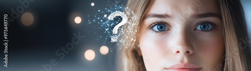 Close-up of a thoughtful young woman with a question mark hovering near her face, symbolizing curiosity and uncertainty.