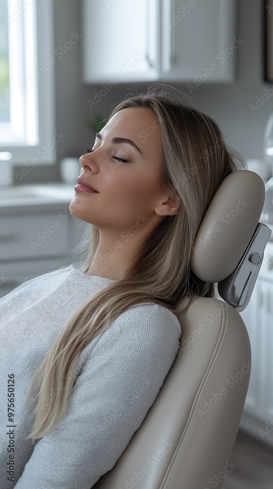 Patient comfortably reclined in a modern dental chair, receiving a deep cleaning treatment from a skilled hygienist. Clean, minimalistic, and well-lit Patient comfortably reclined in a modern dental chair, receiving a deep cleaning treatment from a skilled hygienist. Clean, minimalistic, and well-lit