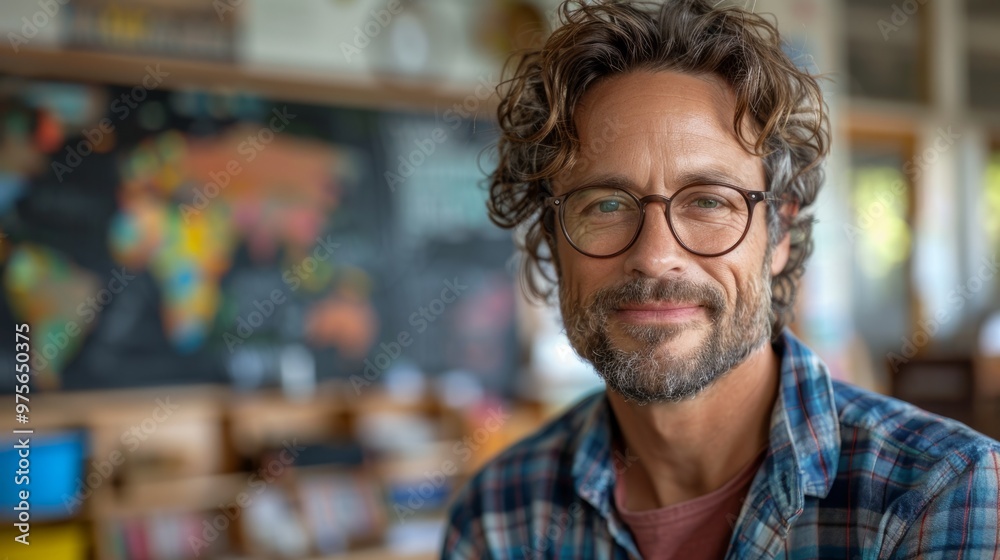 A man with glasses and a beard is smiling in front of a chalkboard A man with glasses and a beard is smiling in front of a chalkboard