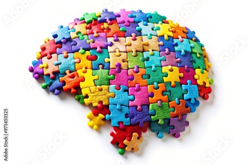 Colorful Brain Puzzle Jigsaw Symbolizing Human Cognition and Mental Health on White Background