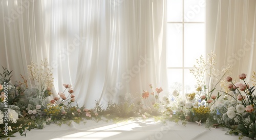 White room with large windows, transparent flying tulle and exotic flowers. Wedding banner background with copy space. 