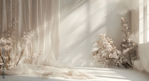 White room with large windows, transparent flying tulle and exotic flowers. Wedding banner background with copy space. 