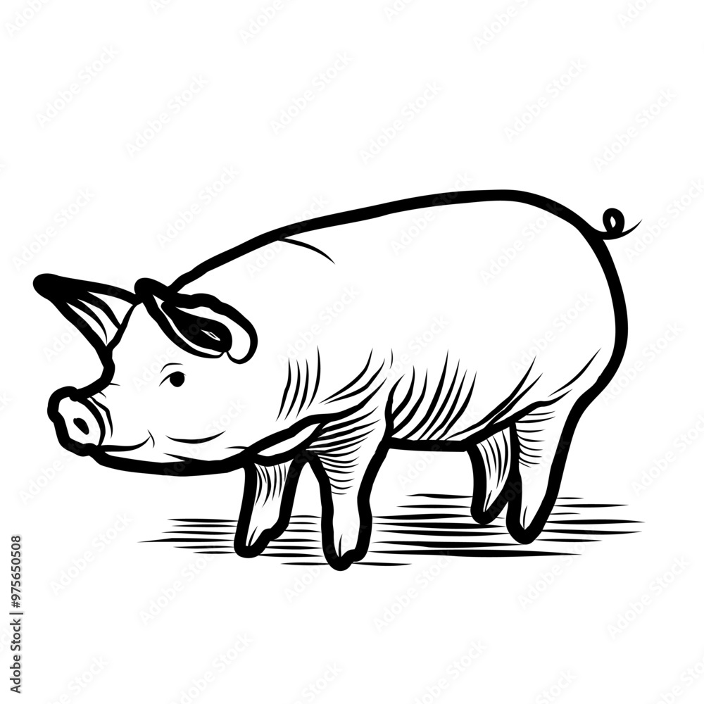 Sketch of a pig. Various poses of a sitting, standing piglet. Vintage illustration. Element for label, packaging and postcard design. Sketch of a pig. Various poses of a sitting, standing piglet. Vintage illustration. Element for label, packaging and postcard design.