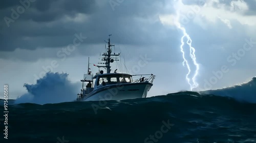The camera zooms in on a lone boat struggling in the middle of a violent storm at sea with back lighting

.