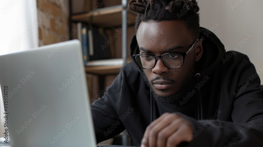 A man wearing glasses is sitting at a desk with a laptop open in front of him A man wearing glasses is sitting at a desk with a laptop open in front of him
