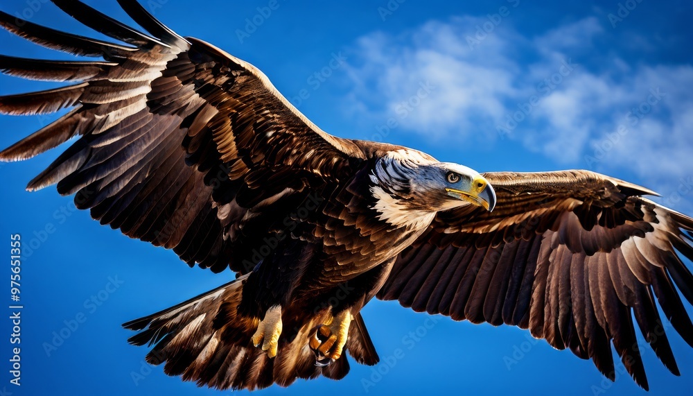 Obraz premium A powerful image of a bald eagle with its wings spread wide, soaring majestically against a clear blue sky. This photo captures the essence of freedom and strength in the wild.. AI Generation