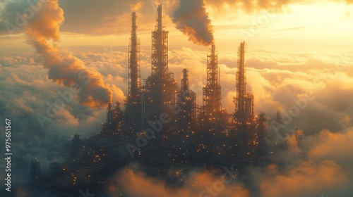 Industrial Factory Emitting Smoke at Sunset Generative AI