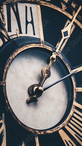 Close-up of an ornate clock face with gold accents. photo