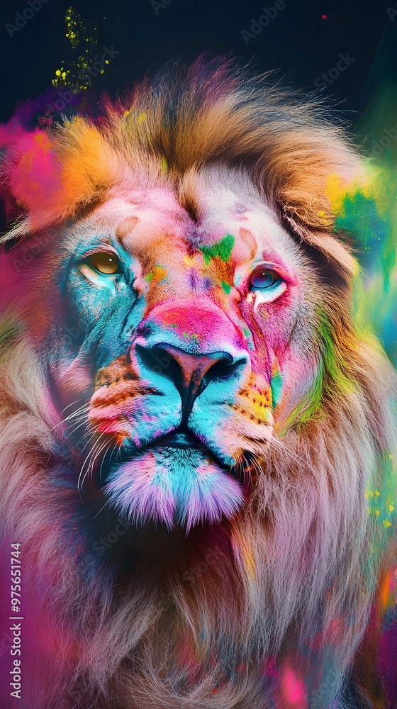 A majestic lion with a colorful mane, showcasing a powerful and vibrant image. A majestic lion with a colorful mane, showcasing a powerful and vibrant image.