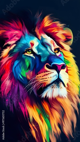 A colorful, vibrant lion portrait.