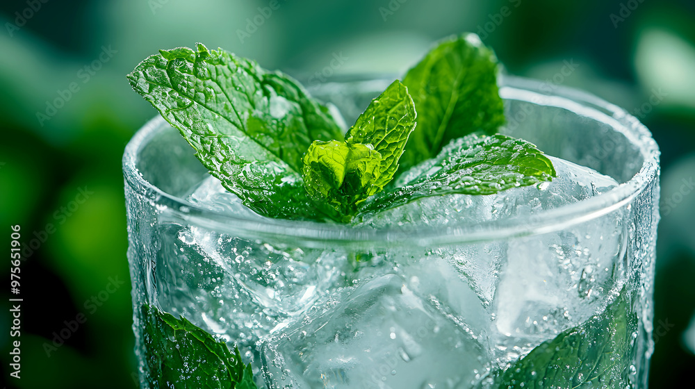 refreshing glass filled with ice cubes and mint leaves, with condensation forming on the outside refreshing glass filled with ice cubes and mint leaves, with condensation forming on the outside
