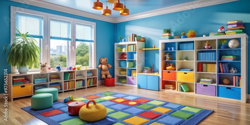 Bright and Playful Child's Room with Vibrant Colors, Toys, and Learning Spaces