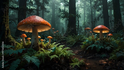 Fantasy Forests. Featuring oversized mushrooms, glowing plants, and magical creatures in a forest filled with mystical lights and enchanted elements. Realistic style. photo