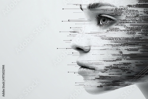 a dotted matrix grid of a face emerging from gray circuit lines on a gray on white background