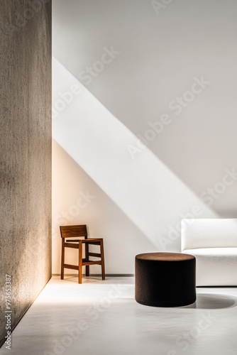 Empty minimalist living room corner with a high contrast of daylight and shadows. Luxury property interior design