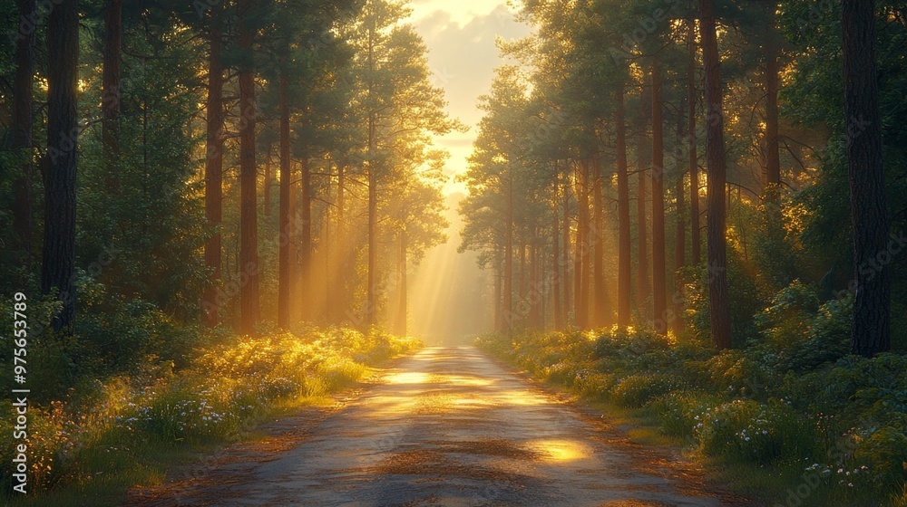 Fototapeta premium Sunlit Forest Path in the Morning Generative AI