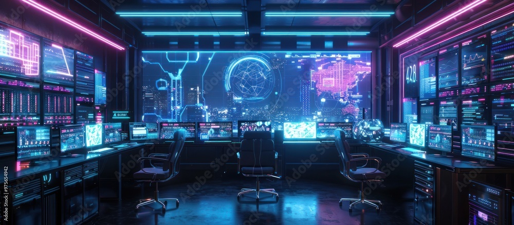 Fototapeta premium Futuristic data analysis hub set in a bustling retail environment featuring a clean and minimalist workspace filled with advanced holographic displays sleek AI powered terminals