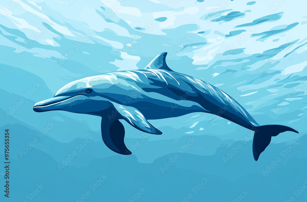 Fototapeta premium Reef Dolphin Sky Blue Vector: Minimalist Ocean-Themed Art