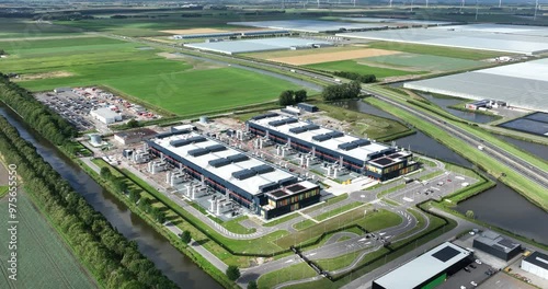 Data center in Middenmeer, Agriport. Birds eye view. Information technology Infrastructure. photo