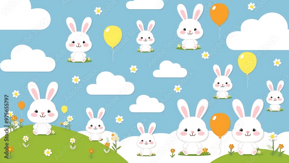 Fototapeta premium Colorful and cheerful illustration of white bunnies holding balloons and sitting on flower-filled hills under a bright blue sky. The playful layout makes it ideal for children's decor
