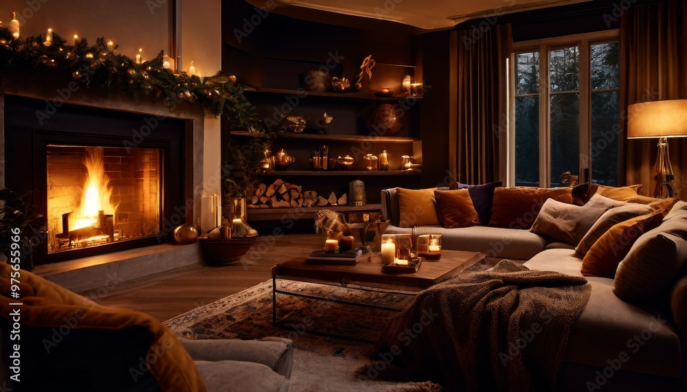 A cozy living room featuring a warm fireplace and festive decorations, creating an inviting and homely atmosphere. The comfortable seating and ambient lighting make this scene perfect for lifestyle A cozy living room featuring a warm fireplace and festive decorations, creating an inviting and homely atmosphere. The comfortable seating and ambient lighting make this scene perfect for lifestyle