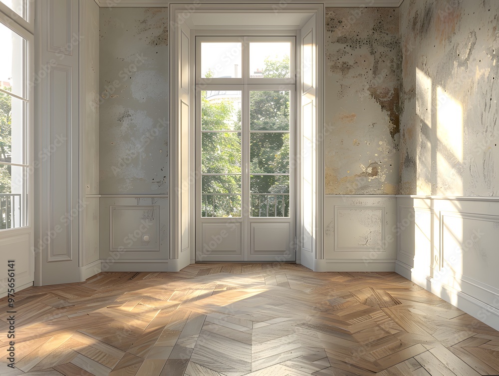 Fototapeta premium The silent story of an abandoned room where sunlight dances on forgotten floors and walls whisper memories.