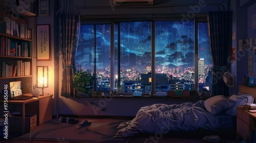 Enchanting bedroom with a window overlooking a fantasy night landscape, filled with stars and magical elements, creating a dreamy at Seamless looping 4k time-lapse virtual video animation Generated AI