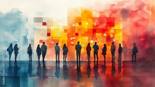 Silhouettes of People Observing a Colorful Wall Generative AI