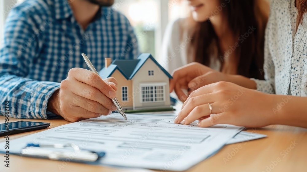 Fototapeta premium Couple assessing home buying checklist, mortgage application form laid out, focused discussion on financial planning and future homeownership goals, cozy living space ambiance