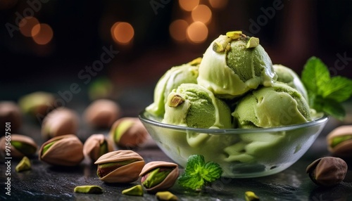 scoops of ice cream with pistachio flavor in a glass plate on the table
