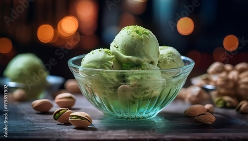 scoops of ice cream with pistachio flavor in a glass plate on the table
