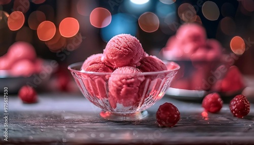 scoops of strawberry flavored ice cream in a glass plate on the table
