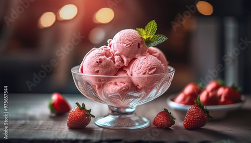 scoops of strawberry flavored ice cream in a glass plate on the table

