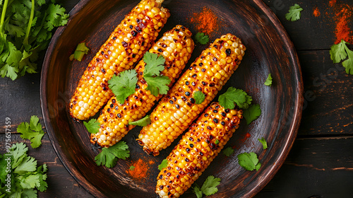 rustic plate with grilled corn on the cob, garnished with fresh cilantro and a sprinkle photo