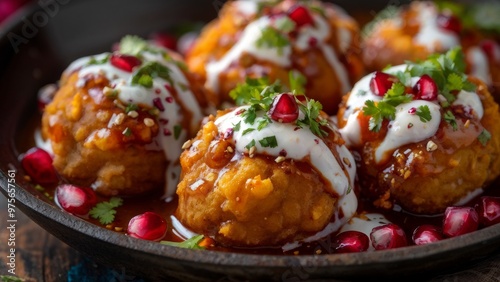 Dahi bhalla is an Indian street food with tamarind sauce and pomegranate seeds. photo