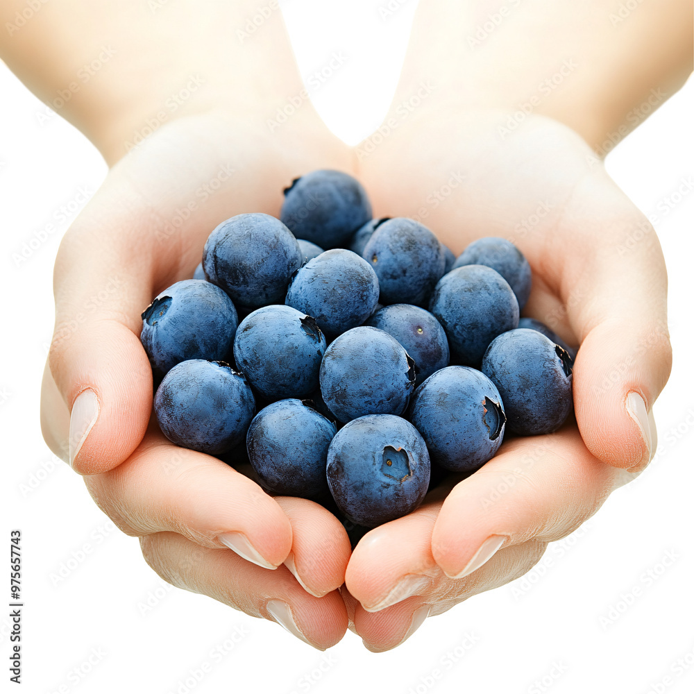 A pair of hands holding a fresh pile of blueberries against a white background. A pair of hands holding a fresh pile of blueberries against a white background.