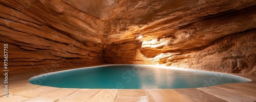 Hot spring cave with thermal pools, illuminated by soft, ambient light, offering a unique and secluded spa experience photo