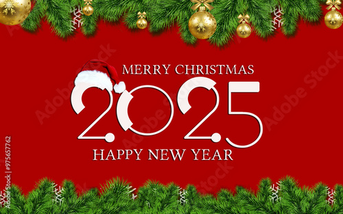 red background Meri Christmas Happy New Year 2025 