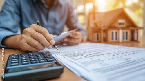 Real Estate Agent's Checklist Review, A professional assessing loan documents, utilizing a mortgage calculator, ensuring thoroughness in property transactions, organized and focused.