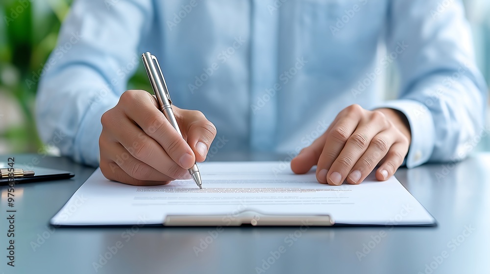 Close-up of contract signing during a successful business negotiation, document finalization, completion of negotiation Close-up of contract signing during a successful business negotiation, document finalization, completion of negotiation