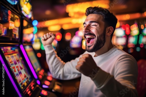 Man celebrating jackpot win at casino slot machine with excitement