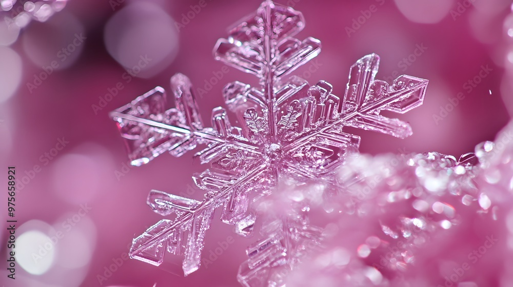 A close-up of a delicate snowflake against a soft pink background. A close-up of a delicate snowflake against a soft pink background.