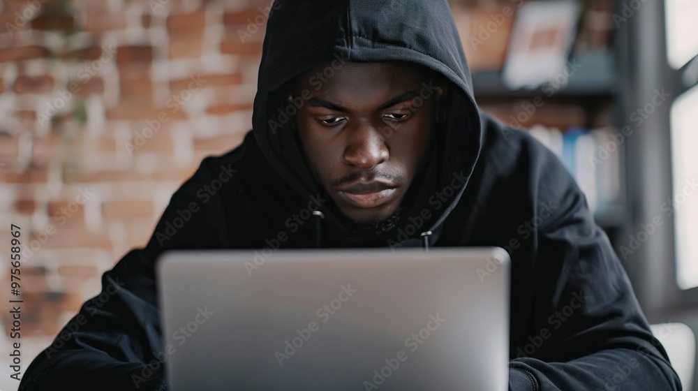 A man wearing a black hoodie is looking at a laptop A man wearing a black hoodie is looking at a laptop
