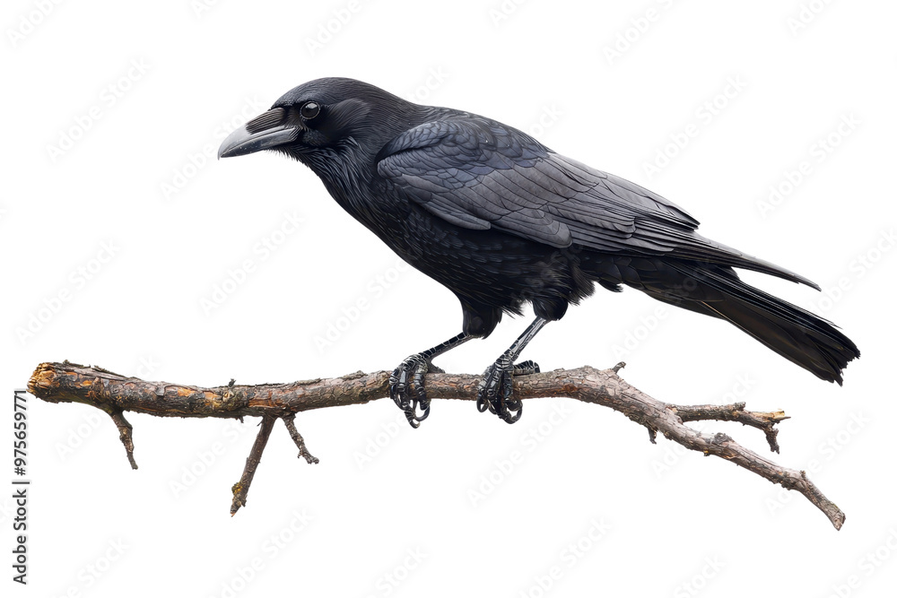 A solitary black raven perches on a branch, showcasing the bird's glossy feathers and sharp beak against a plain background. A solitary black raven perches on a branch, showcasing the bird's glossy feathers and sharp beak against a plain background.