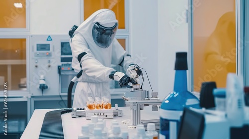 Advanced electric vehicle battery production line with robotic arms assembling lithium-ion cells. Futuristic factory interior featuring conveyor belts, technicians in clean room suits, high-tech machi photo