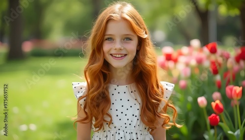 Joyful young girl with red hair smiling in a garden of tulips