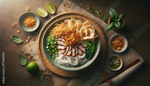 Traditional Vietnamese Cao Lầu Hoi An Noodles with Crispy Toppings photo