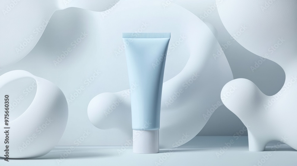 Blue cosmetic tube with white cap placed in front of abstract white shapes on a light blue background Blue cosmetic tube with white cap placed in front of abstract white shapes on a light blue background