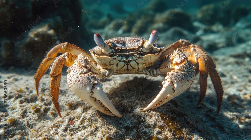A close-up of a crab crawling along the ocean floor. A close-up of a crab crawling along the ocean floor.
